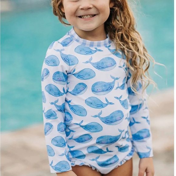 Sugar Bee Ruffle Bottom Swimsuit Whales Rashguard Gingham One Piece Size 4t - Picture 1 of 5